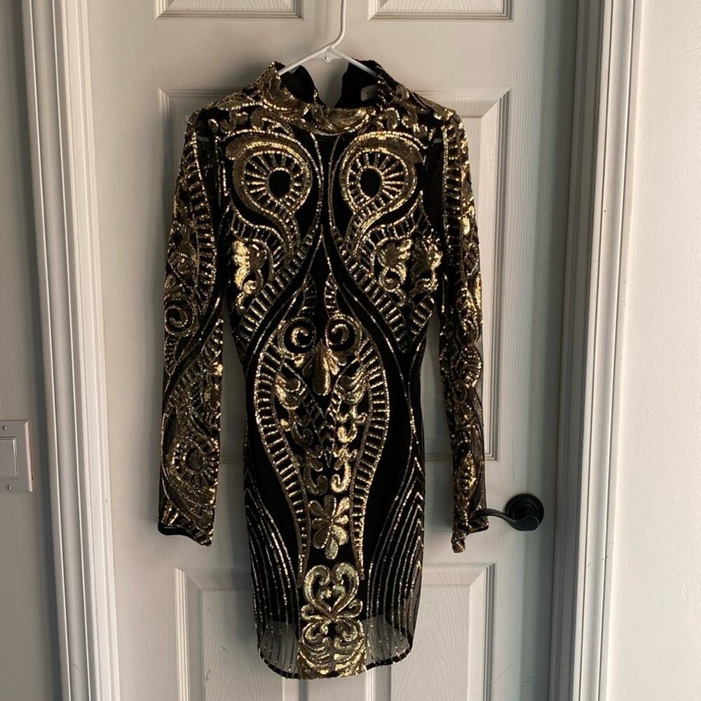 Black & Gold Sequin Bodycon Long Sleeve Dress M